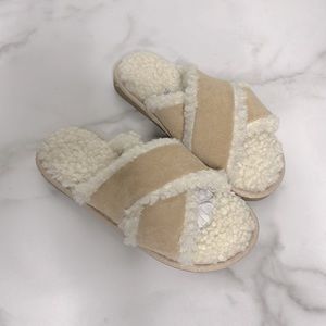 ALFANI Women's Crossband Faux Suede & Sherpa Slipper - Toffee Latte Medium 7-8